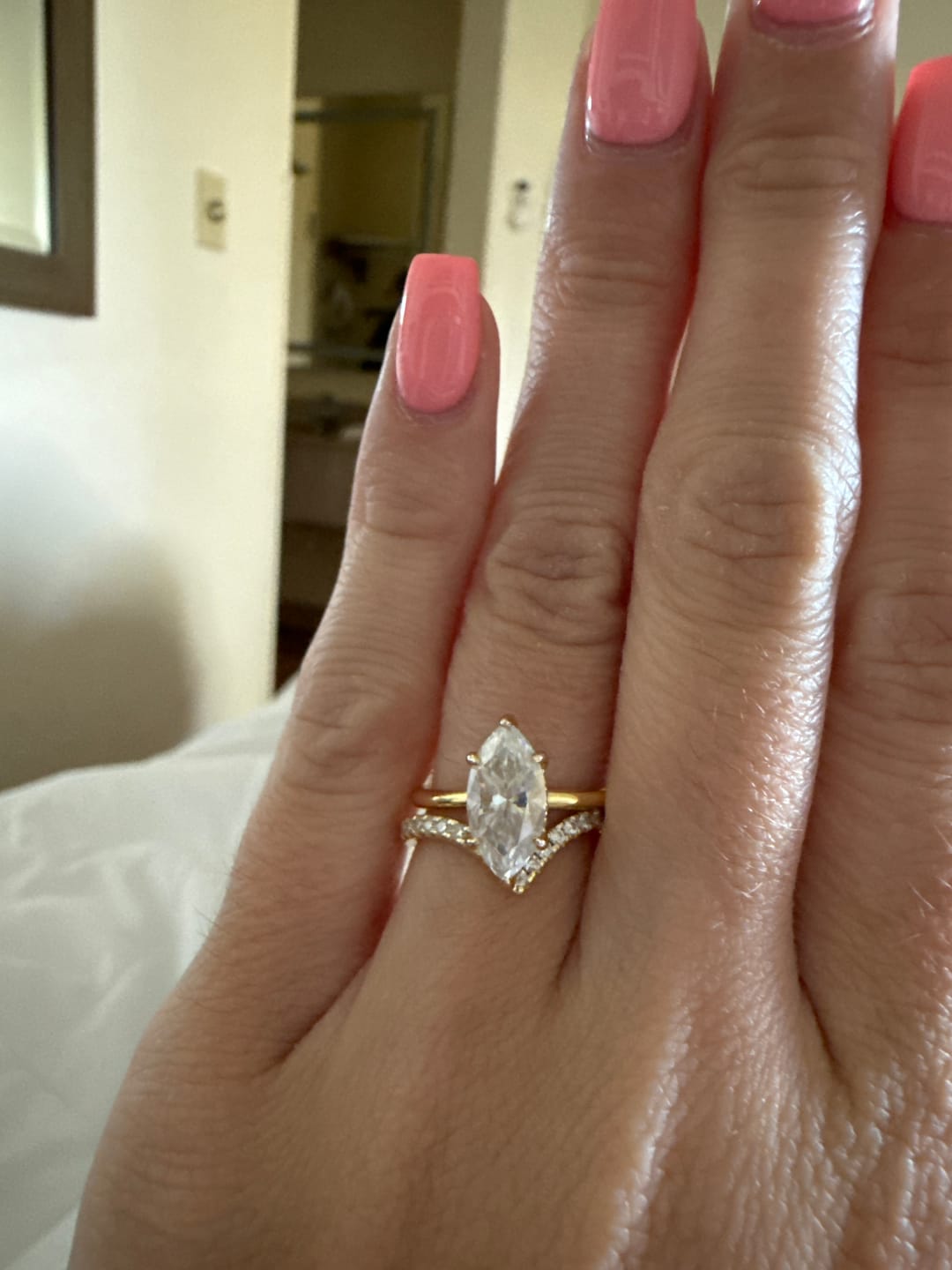 Customer photo review of S925 Moissanite 2.0 Ct/1.0Ct Marquise Cut Solitaire Yellow Gold Promise Ring For Women