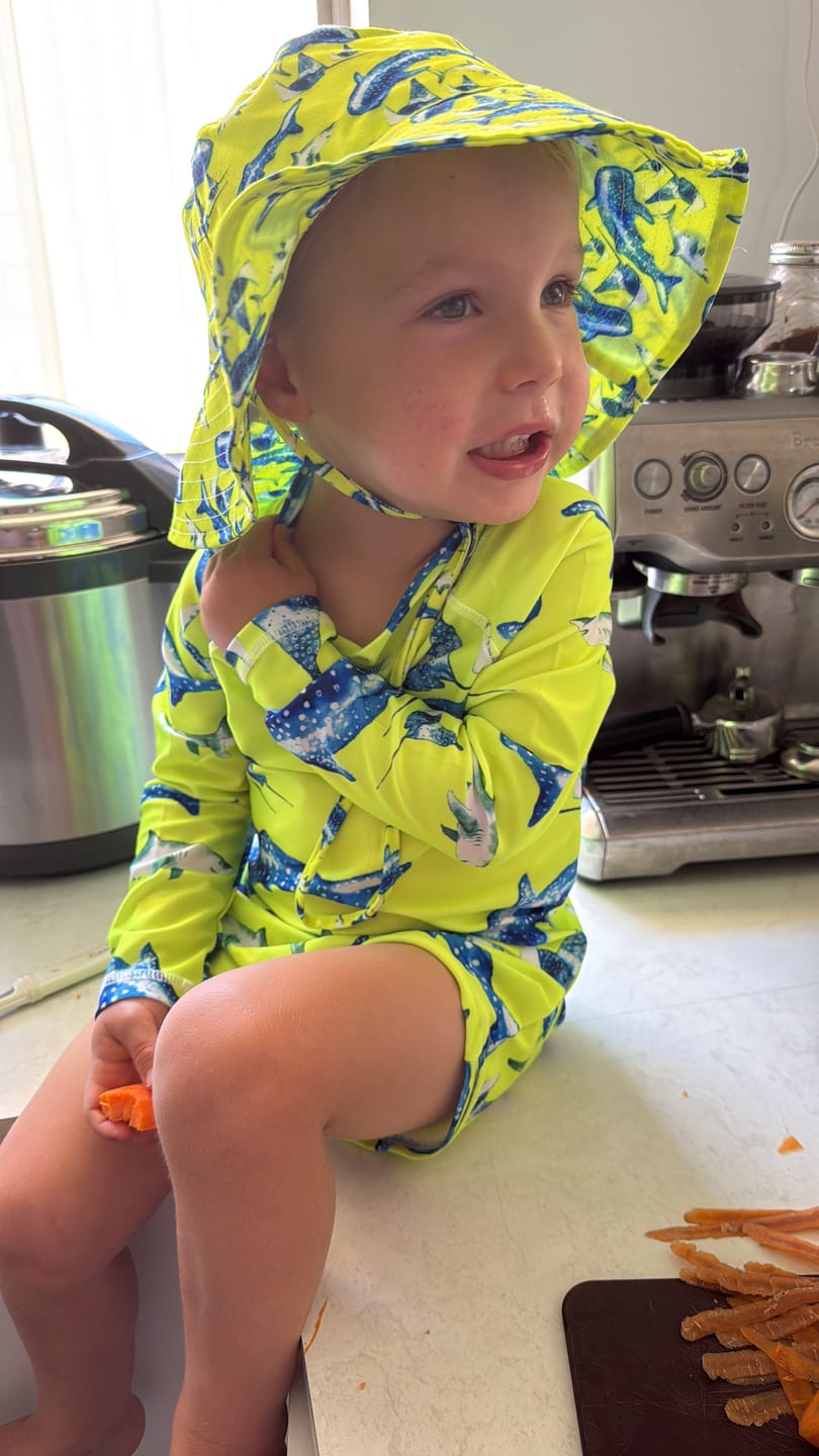 Customer photo review of PREORDER Fluro Green Sharks Kids' Rash Top (Ships w/c 19th Jan)