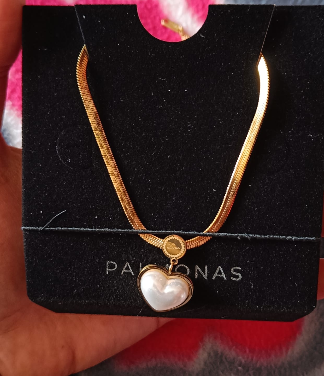 Customer photo review of Golden Framed Pearl Heart Necklace