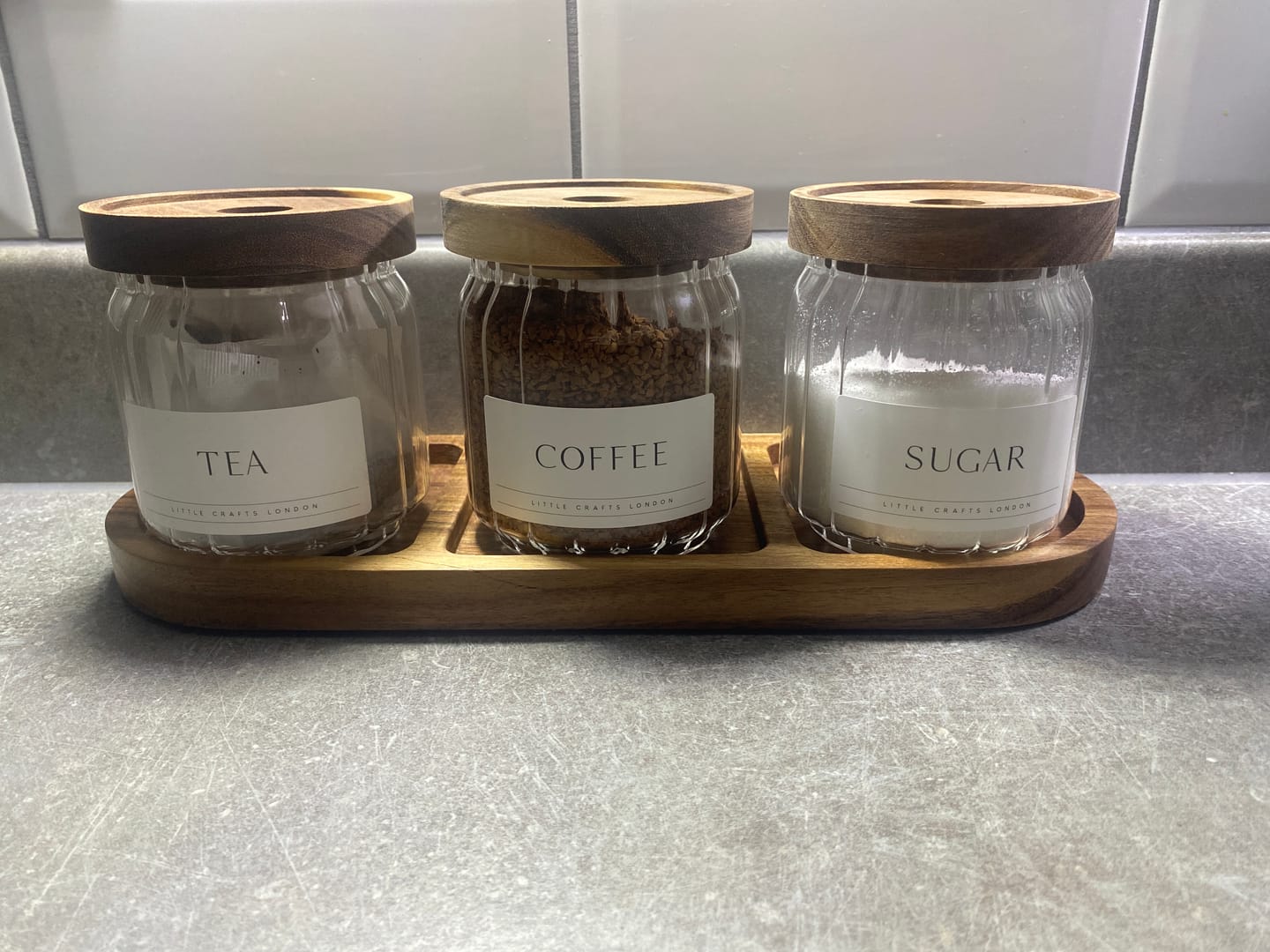 Customer photo review of Ribbed Set of 3 Acacia Glass Jars Tea, Coffee and Sugar 450 ML & Rectangle Tray