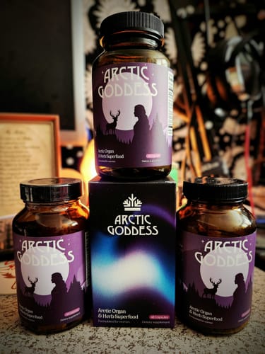 Customer's three bottles and the box of Arctic Goddess Reindeer Organ Superfood supplement, arranged for a photo.