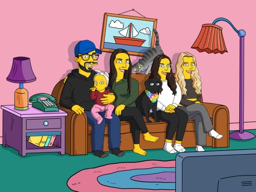 Customer's custom Turn Me Yellow! portrait featuring their family and pets as cartoon characters on a couch.