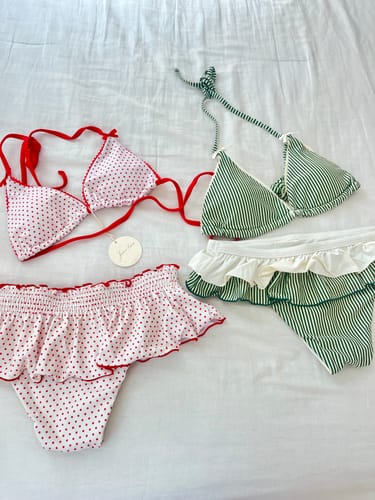 Customer photo review of Crystal Cream Polka Dot Lace Bowknot Halter Triangle Bikini Top