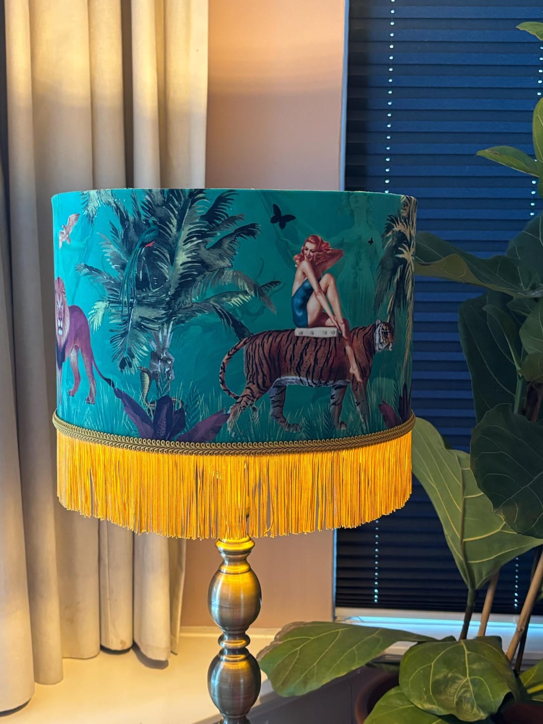 Customer photo review of Queen K Jungle Walk Green Tassel Fringed Drum Lampshade