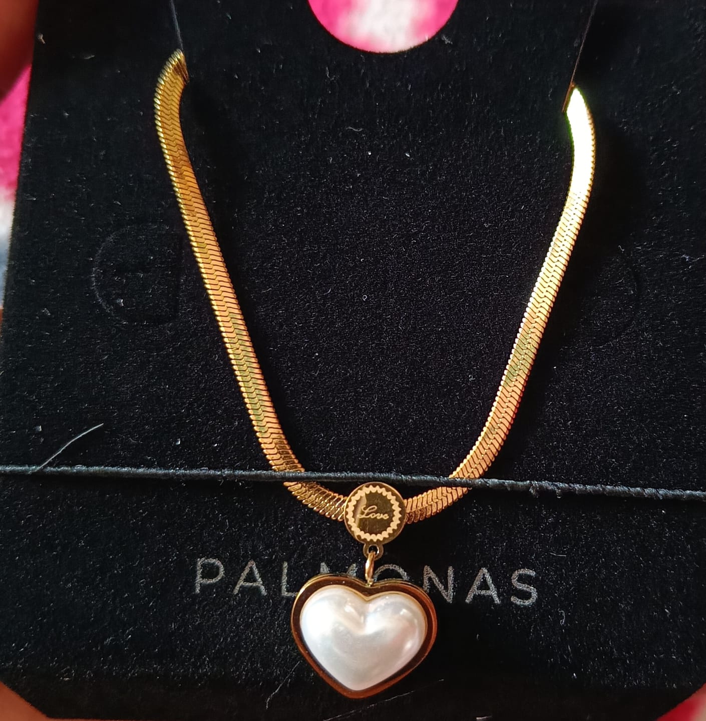 Customer photo review of Golden Framed Pearl Heart Necklace