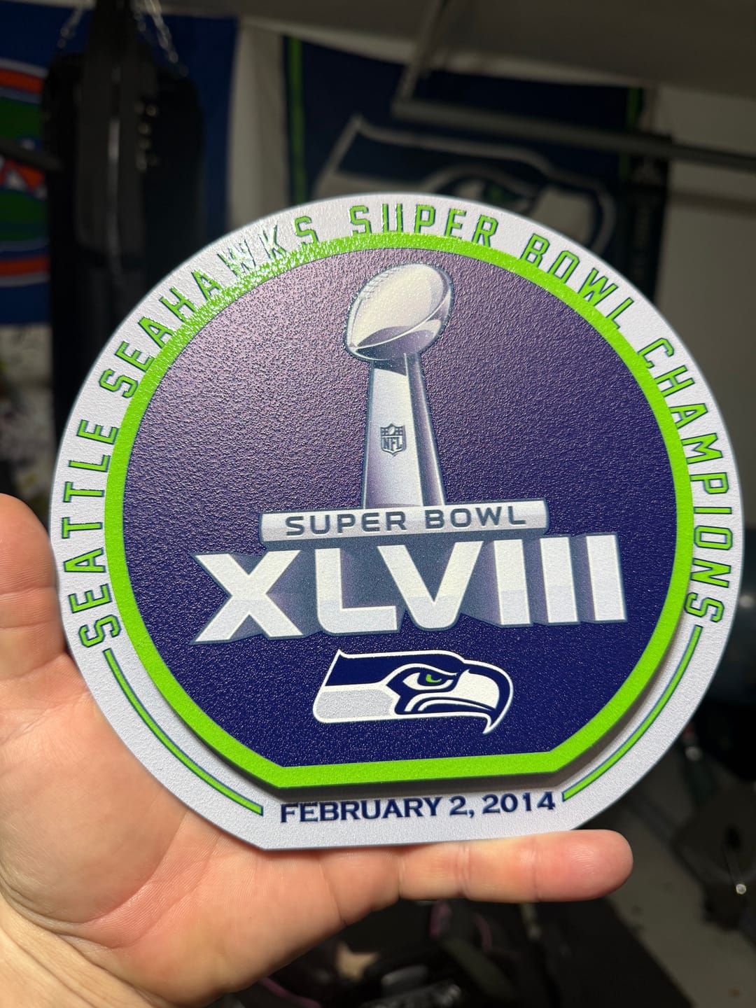 Customer photo review of Seattle Seahawks Super Bowl XLVIII "Double Play" On the Shelf or on the Wall Art