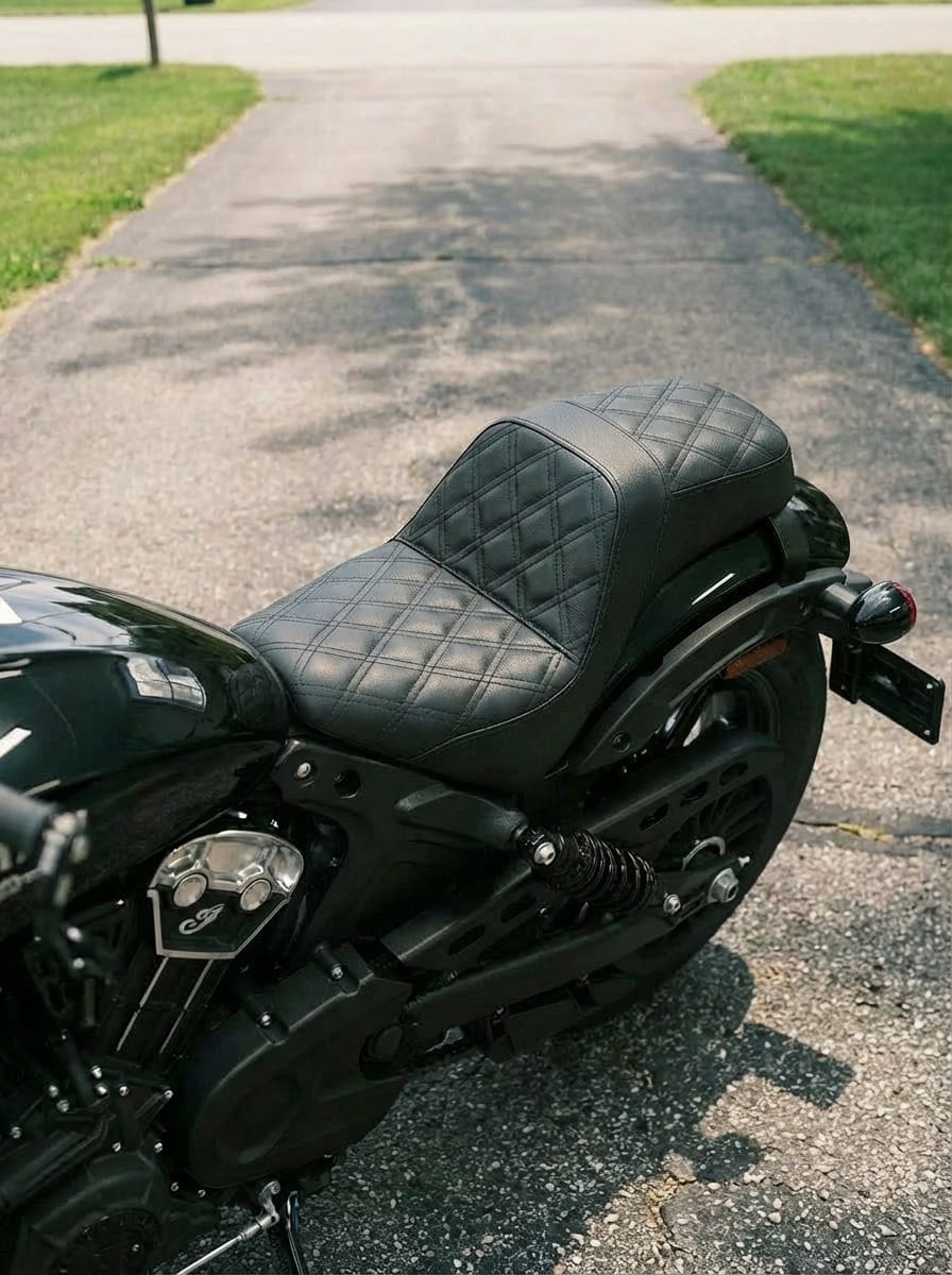Customer photo review of Iron Born Diamond Stitch Indian Scout Bobber 2-Up Seat Black