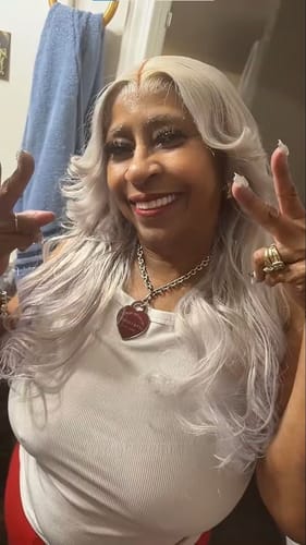 Customer photo review of Luvwin Ready To Go Custom Layerd Wavy Cut With Bangs Salt and Pepper 13x4 Frontal Glueless Wig