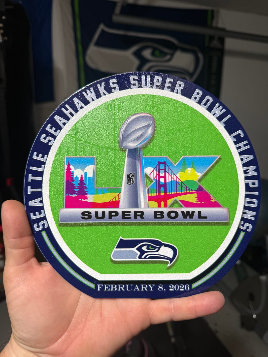 Customer photo review of Seattle Seahawks Super Bowl LX "Double Play" On the Shelf or on the Wall Art