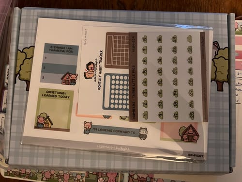 Customer's Three Little Pigs Journaling Extras Sticker Set in its clear packaging, showing themed planner sheets inside.