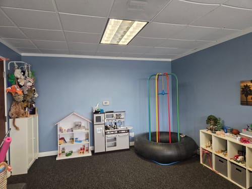 Reviewer's Custom Large Inner Tube for a Jungle Jumparoo, set up in a colorful play therapy office.