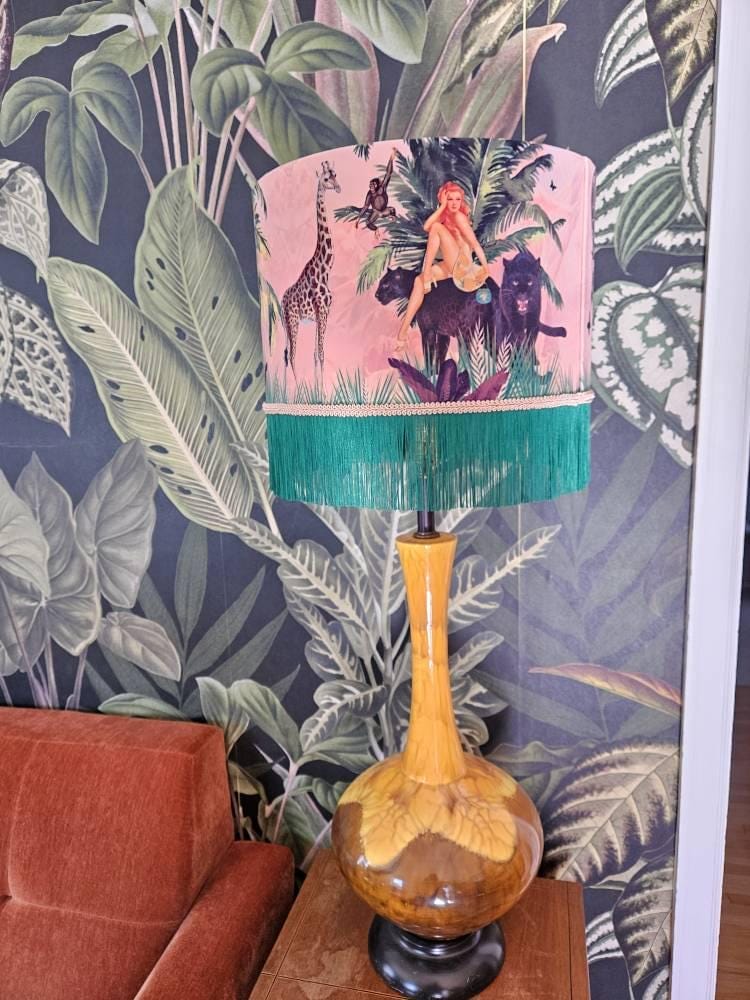 Customer photo review of Queen K Jungle Walk Pink Fringed Drum Lampshade