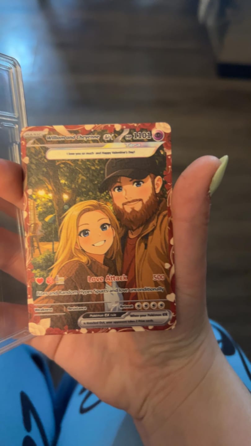 Customer photo review of Custom Pokémon Cards with Anime Picture, Personalized Poke Cards Animated Style Gifts for Him and Her - CPC-04
