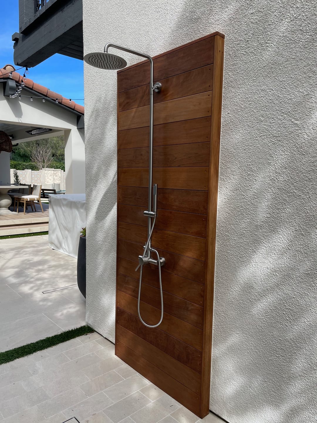 Customer photo review of Outdoor Shower Fixture with 304 Stainless Steel 10-Inch Rainfall Shower Head and Adjustable Slide Bar