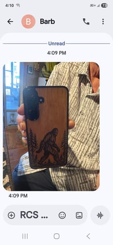 Customer photo review of Forest Stalker – Bigfoot in the Woods – GR8CASE Wood Phone Case