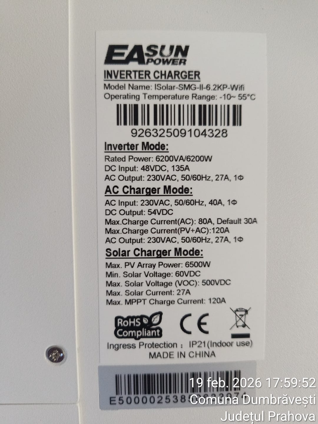 Customer photo review of Invertor hibrid 6,2 kW 48 V, undă sinusoidală pură, MPPT 120 A, Wi-Fi, paralel | EASUN