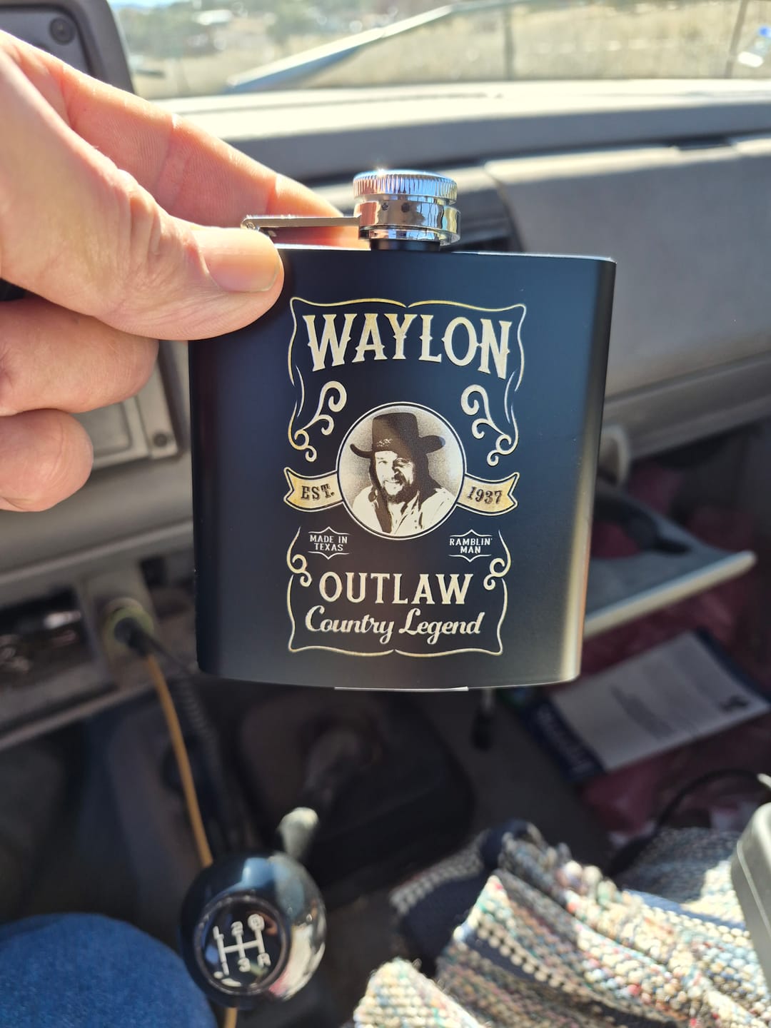 Customer photo review of Waylon Jennings Outlaw Country Legend Flask