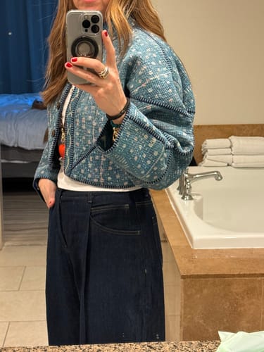 Customer photo review of The Kaira Cropped Quilted Indigo Kantha Jacket