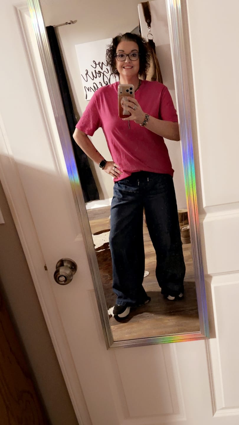 Customer photo review of Judy Blue High Waist Dark Wash Palazzo Jeans With Drawstring Waist