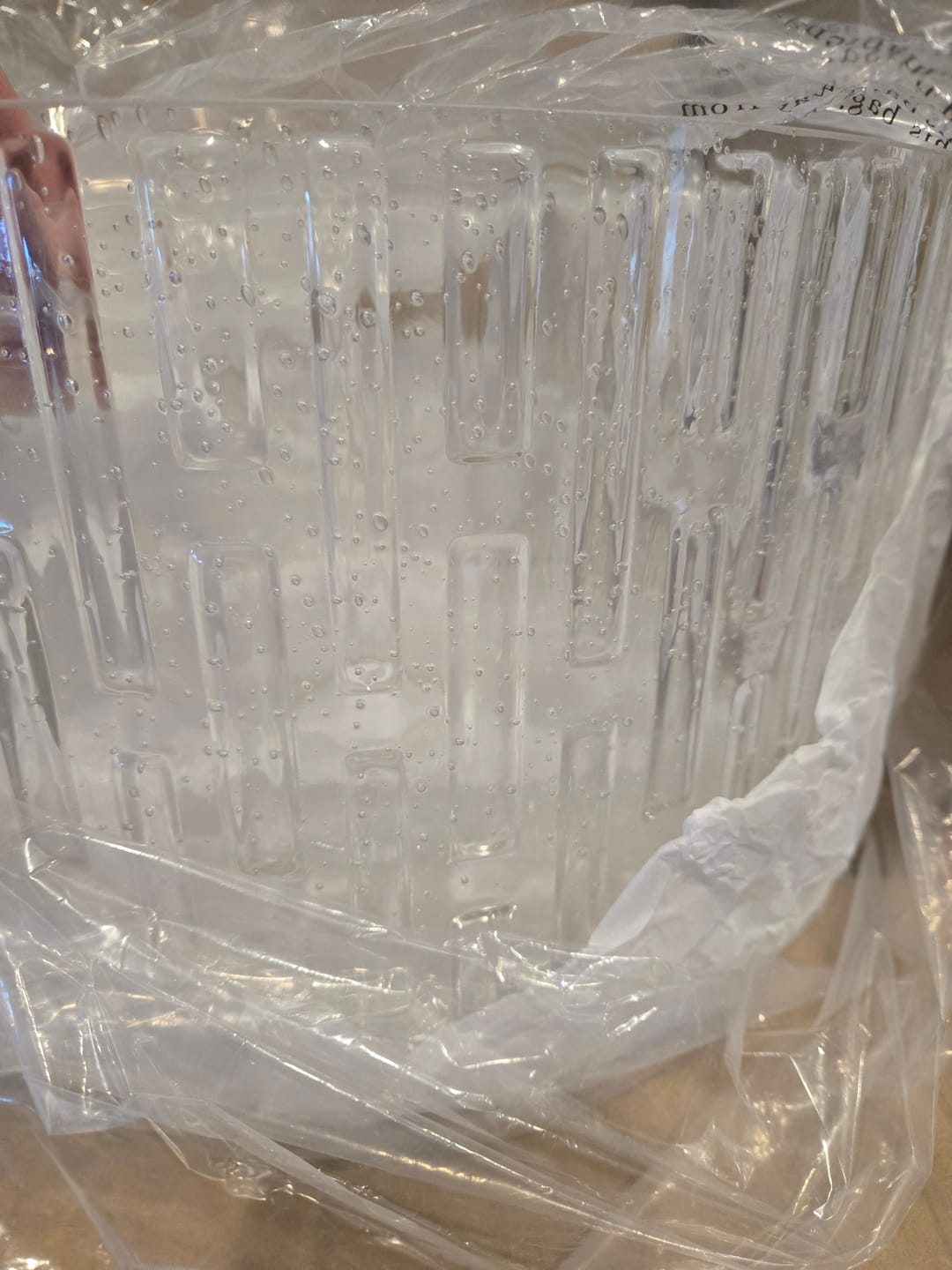 Customer photo review of 1-Light Clear Striped Glass Drum Semi Flush / Round Cage Pendant