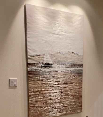 Customer photo review of Lonely Sailor: Impasto Black Brown Seascape Art - Sailing Boat Decor for Modern Homes