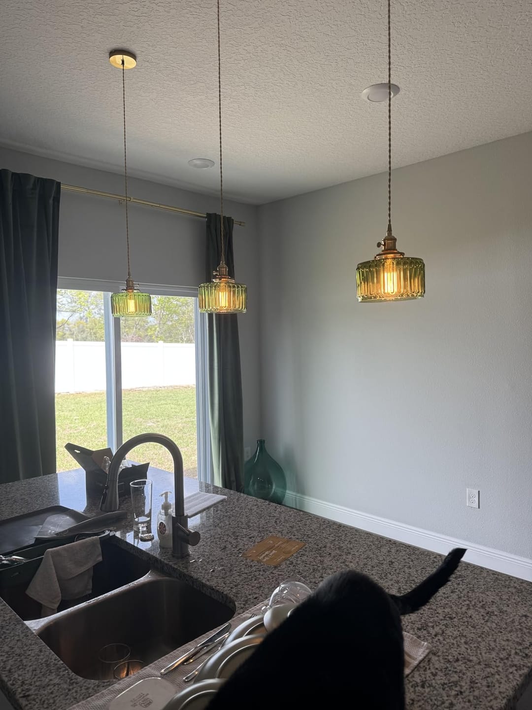 Customer photo review of Vintage Minimalist 1-Light Strip Patterned Glass Drum Round Pendant Light