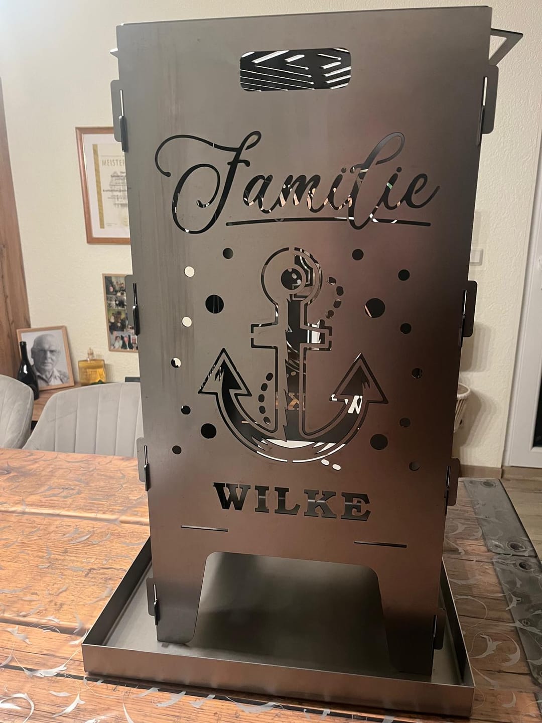 Customer photo review of Feuertonne personalisierbar - Anker & Weltkarte mit Koordinaten aus edlem Stahl