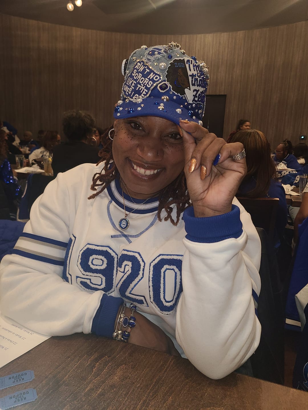 Customer photo review of Design Your Custom Zeta Sorority Trucker Junk Hat | Rhinestones, Patches & Pearls | Greek Life Fashion Cap