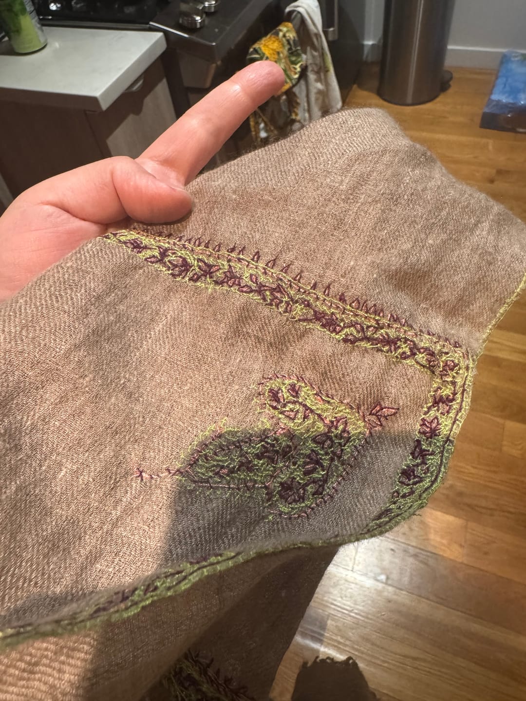 Customer photo review of Grey Baby Soft Cashmere Scarf with Bail Embroidery – Handloomed