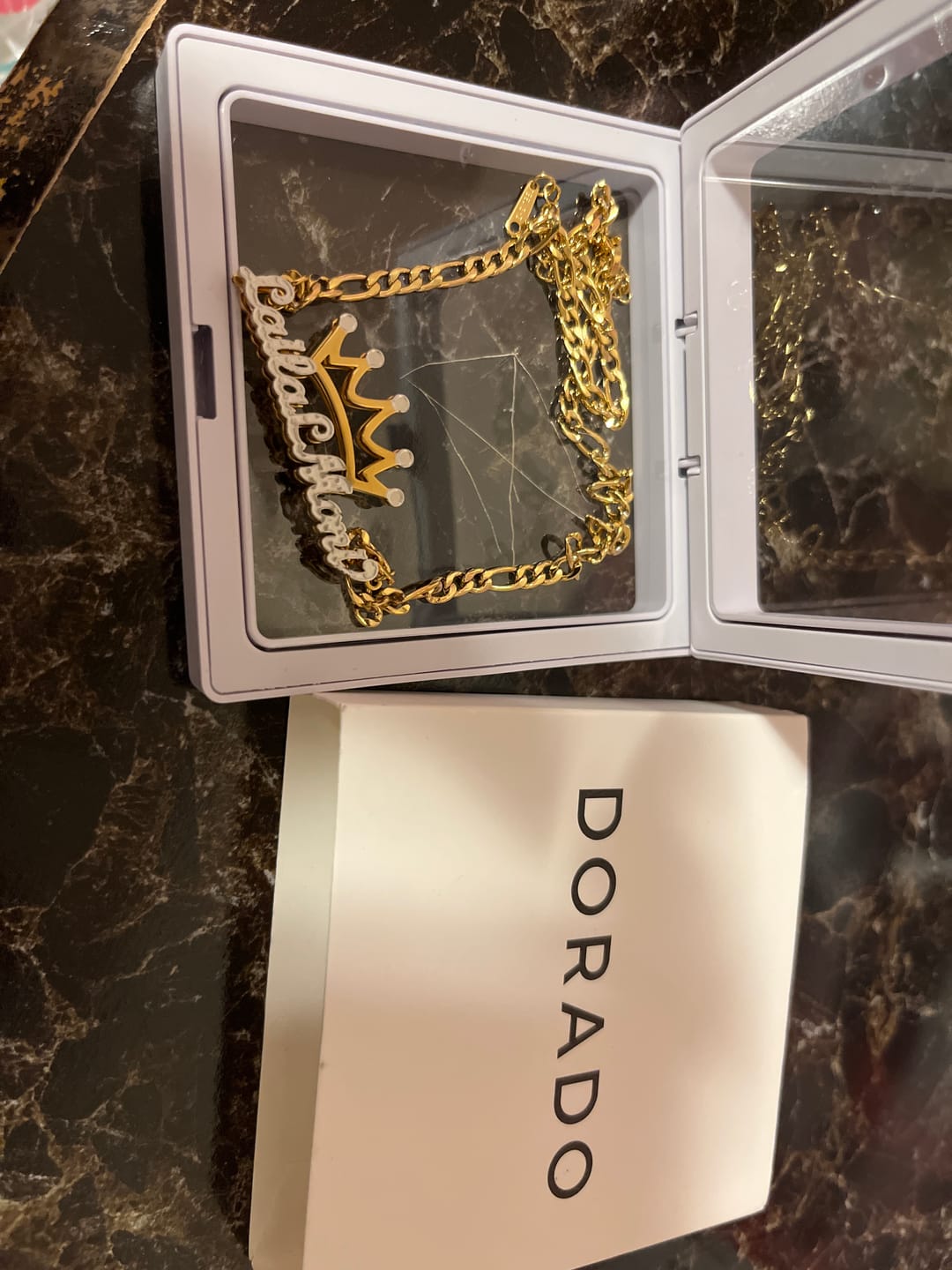 Customer photo review of Kids Double Plated Crown Name Necklace w/ Figaro Chain