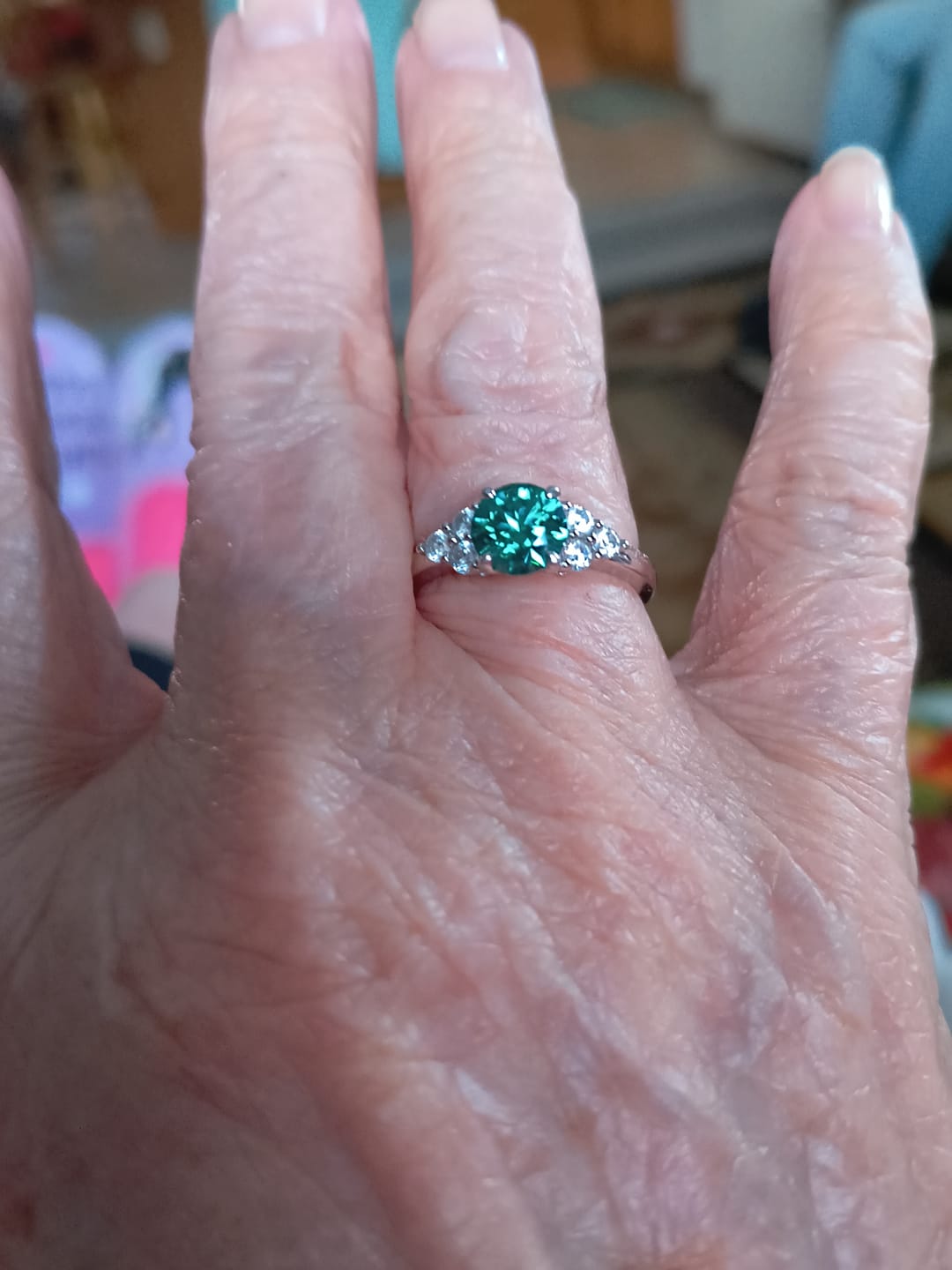 Customer photo review of Round Moissanite Curved Vine Sapphire Accents Pave Engagement Ring