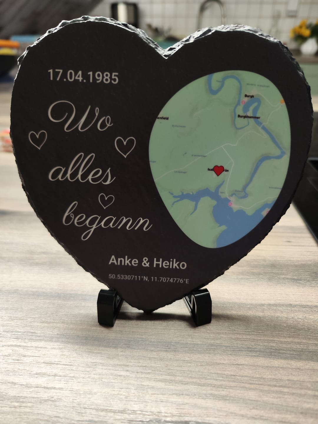 Customer photo review of Wo alles begann - Personalisiertes Schieferherz (15x15)