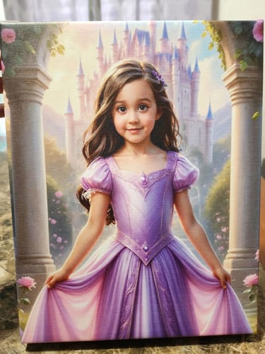 Customer's canvas portrait from 'The Pink Princess's Tower Retreat', showing a girl in a purple dress before a castle.