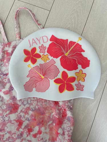 Customer photo review of JAYD Swim Cap || Hibiscus Haven