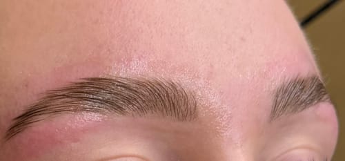 Reviewer's close-up of eyebrows laminated using Thuya Perming Gel.