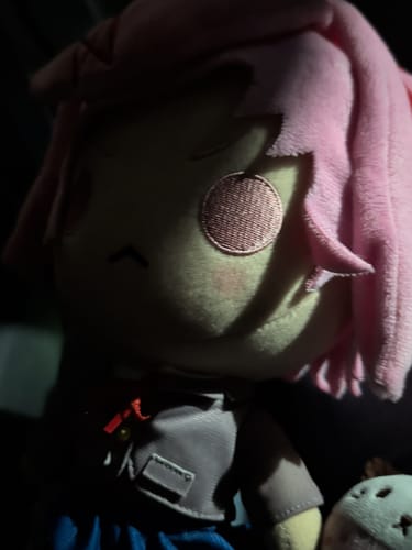 Reviewer's close-up photo of the Natsuki Collector's Plush in dim lighting, focusing on the detailed embroidered face.