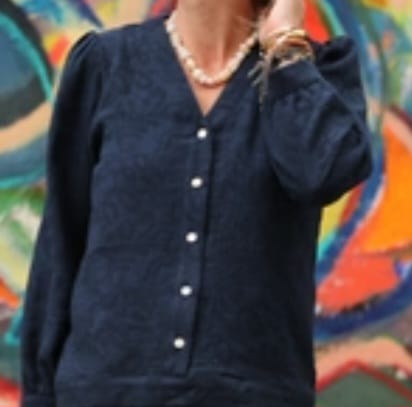 Customer photo review of Blouse Léocadie - Double gaze de coton/lin jacquard fleuri marine