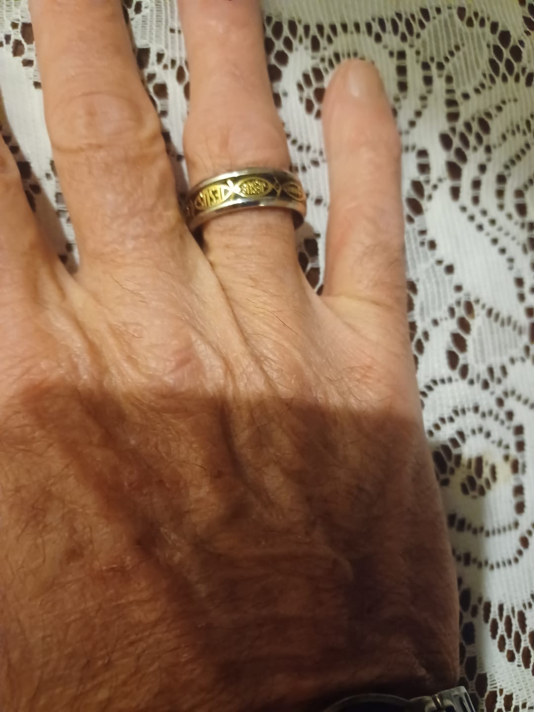 Customer photo review of Christianartworkshop Rustic Stainless Steel Ring: "Jesus" in Fish