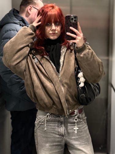 Customer photo review of Omirad Faux Fur Collar Suede-Texture Buckle Bomber Jacket