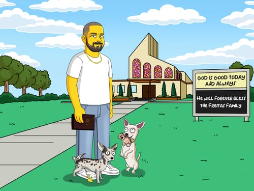 Customer's 'Turn Me Yellow!' artwork depicting a person and two small dogs as yellow cartoons outside a church.