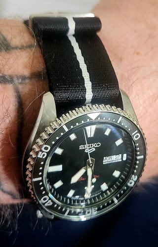 Customer photo review of Black Nylon Watch Strap with White Stripe