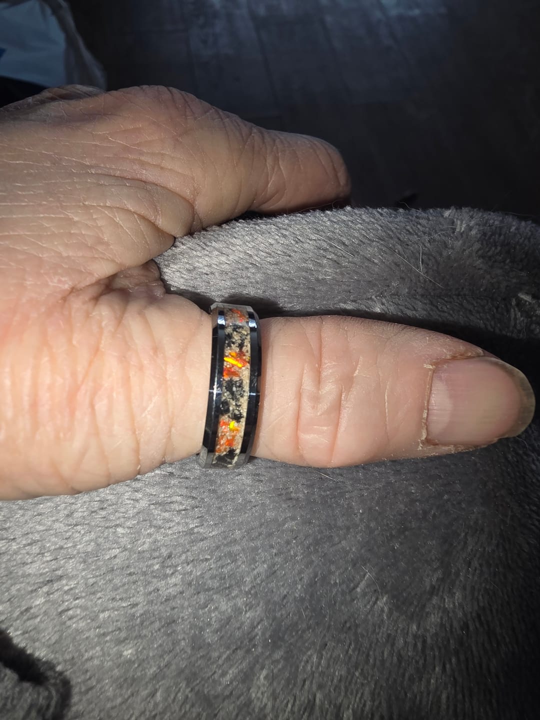 Customer photo review of Tungsten Opal Ring with Cremation Ashes