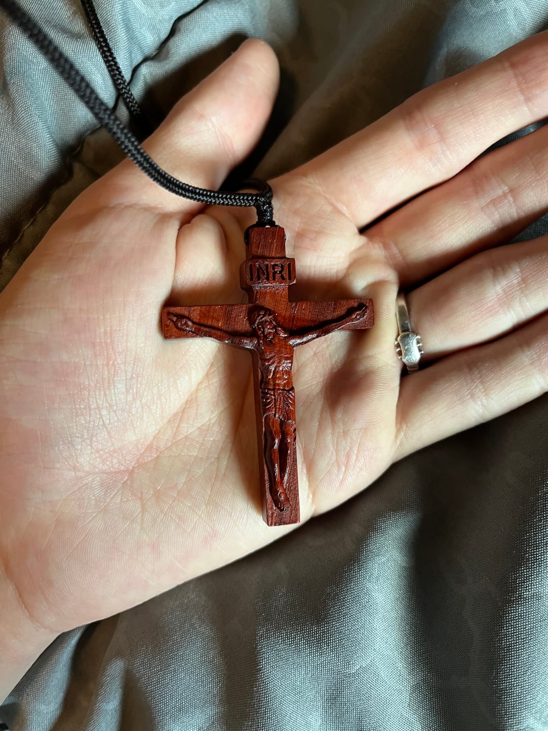 Customer photo review of Christianartworkshop Jesus Crucifix Wooden Necklace