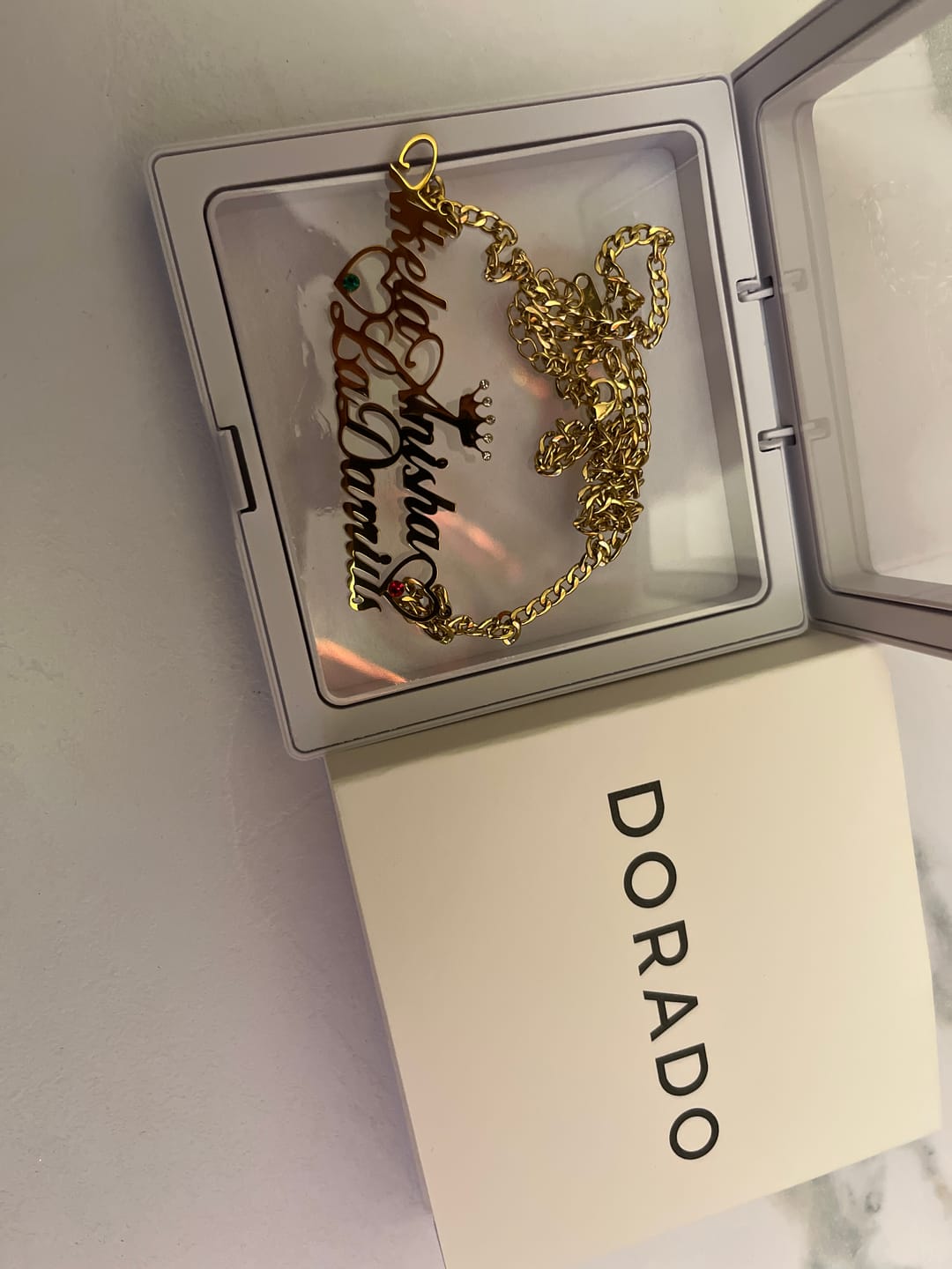 Customer photo review of Double Heart Name Necklace w/ Cuban Chain