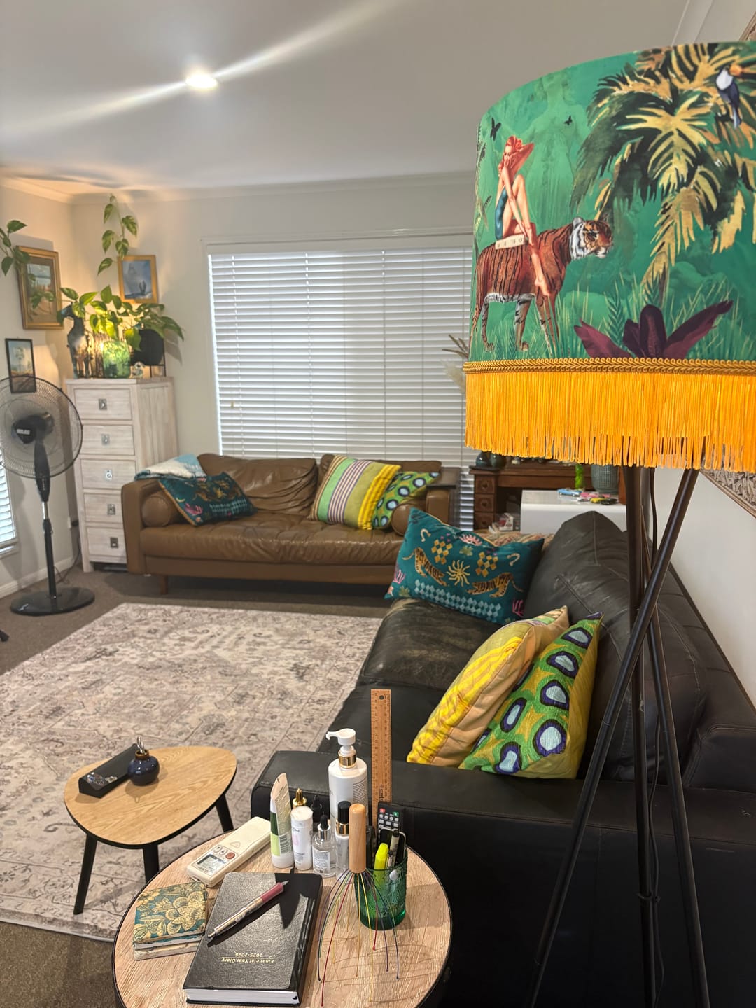 Customer photo review of Queen K Jungle Walk Green Tassel Fringed Drum Lampshade