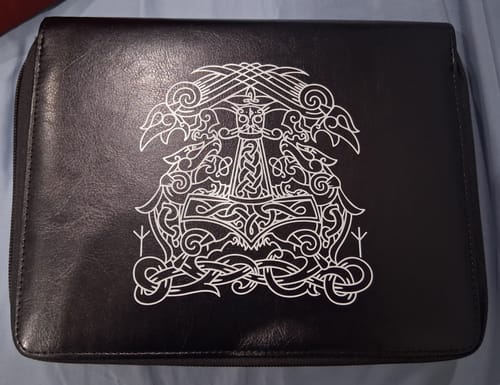 Customer's closed black Norse 5 Set Dice Case with a detailed white Norse design on the front.