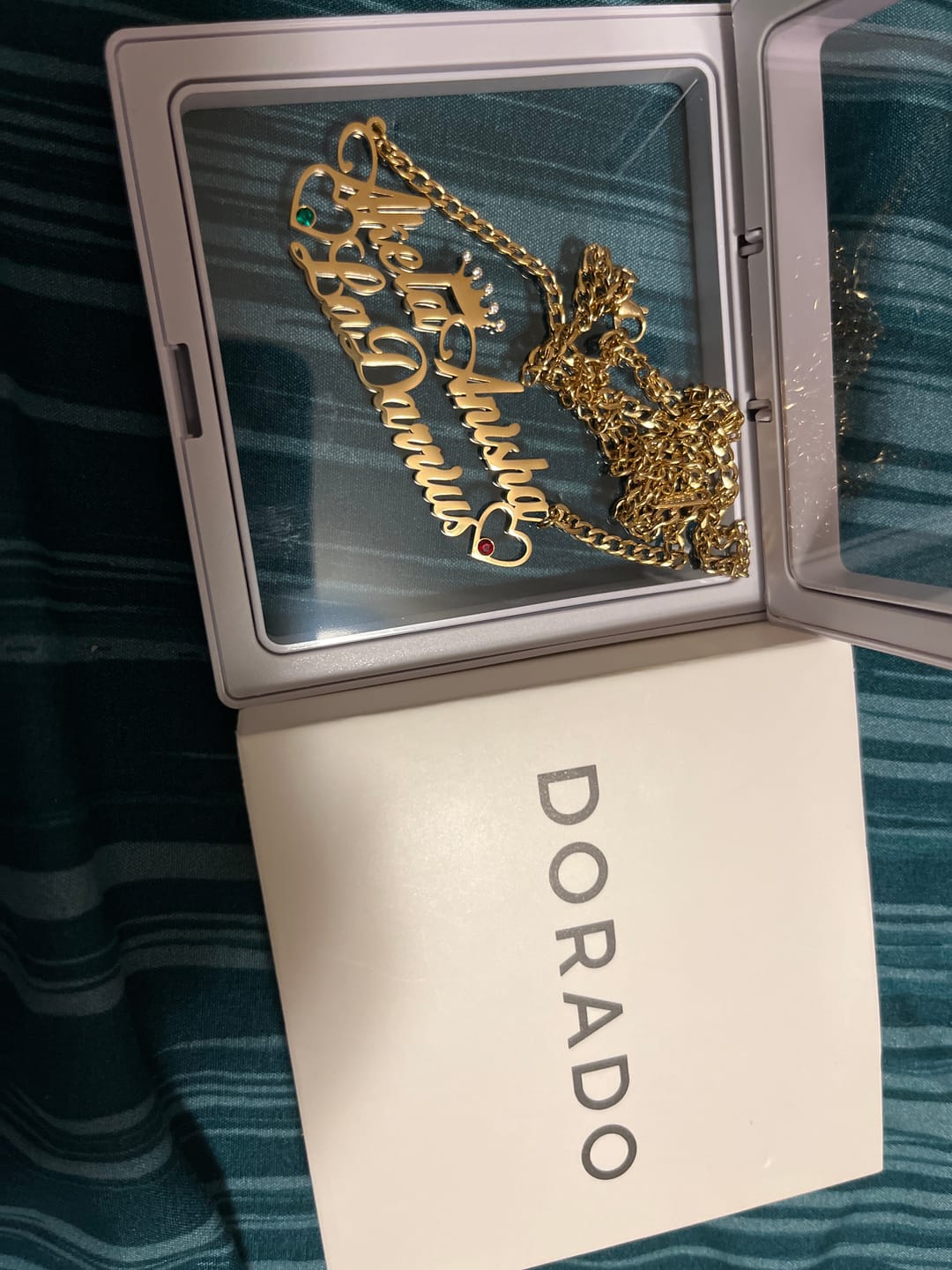 Customer photo review of Double Heart Name Necklace w/ Cuban Chain