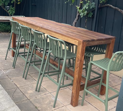 Customer photo review of Teak Outdoor Long Bar Leaner Table 250 x 75 x 105cm