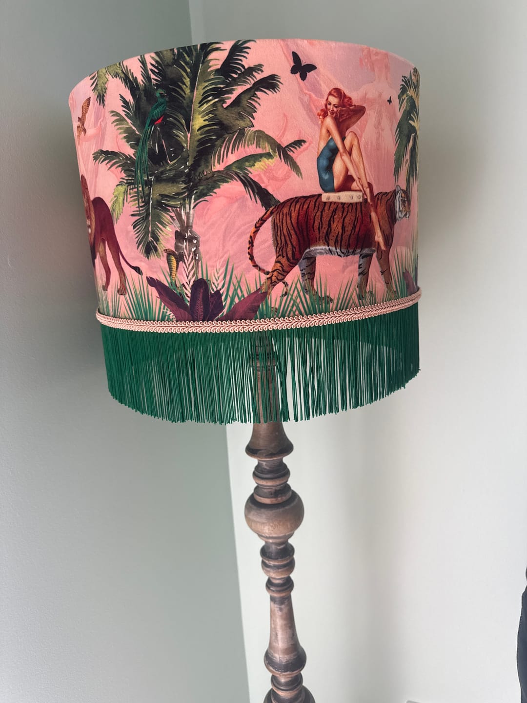 Customer photo review of Queen K Jungle Walk Pink Fringed Drum Lampshade
