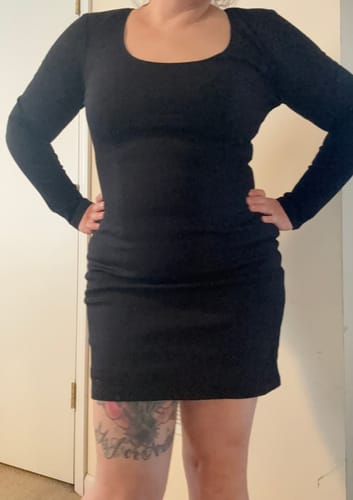 Customer photo review of Troublemaker Wiggle Dress in Black MINI - Vixen by Micheline Pitt